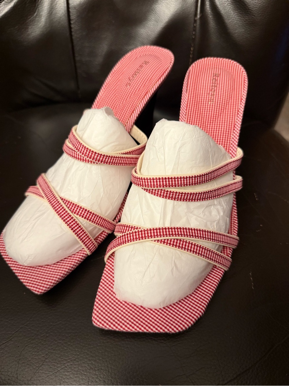 Women’s Red Gingham Strappy Slide Heels - Unbranded